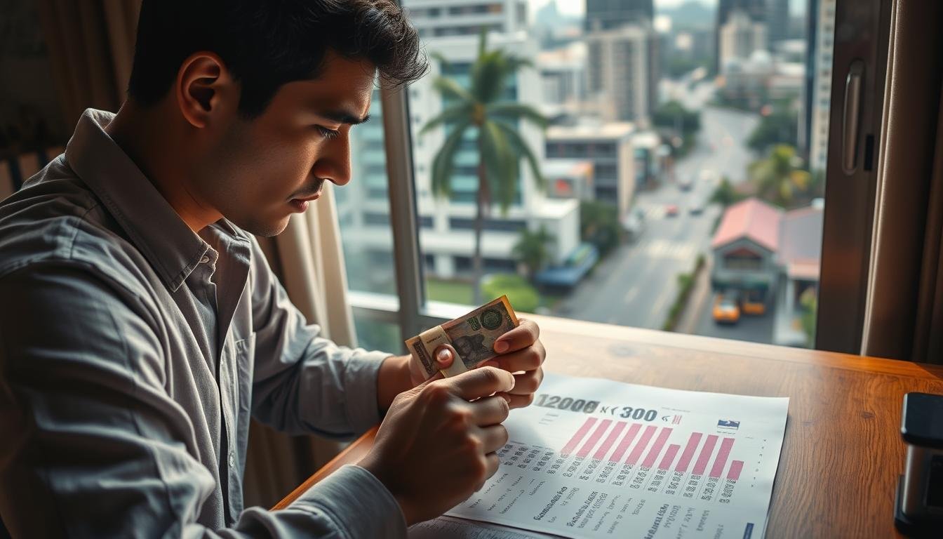 A detailed scene of a person sitting at a wooden desk, carefully examining Thai baht banknotes and a currency exchange rate chart. The desk is illuminated by a warm, soft light, creating a calm, contemplative atmosphere. In the background, a window overlooks the bustling streets of a Thai city, with high-rise buildings and palm trees visible. The person is intently focused, brow furrowed, as they plan their budget and cash management strategy for their upcoming trip to Thailand. The image conveys the importance of understanding exchange rates and effectively managing one's finances when traveling abroad. A detailed scene of a person sitting at a wooden desk, carefully examining Thai baht banknotes and a currency exchange rate chart. The desk is illuminated by a warm, soft light, creating a calm, contemplative atmosphere. In the background, a window overlooks the bustling streets of a Thai city, with high-rise buildings and palm trees visible. The person is intently focused, brow furrowed, as they plan their budget and cash management strategy for their upcoming trip to Thailand. The image conveys the importance of understanding exchange rates and effectively managing one's finances when traveling abroad.