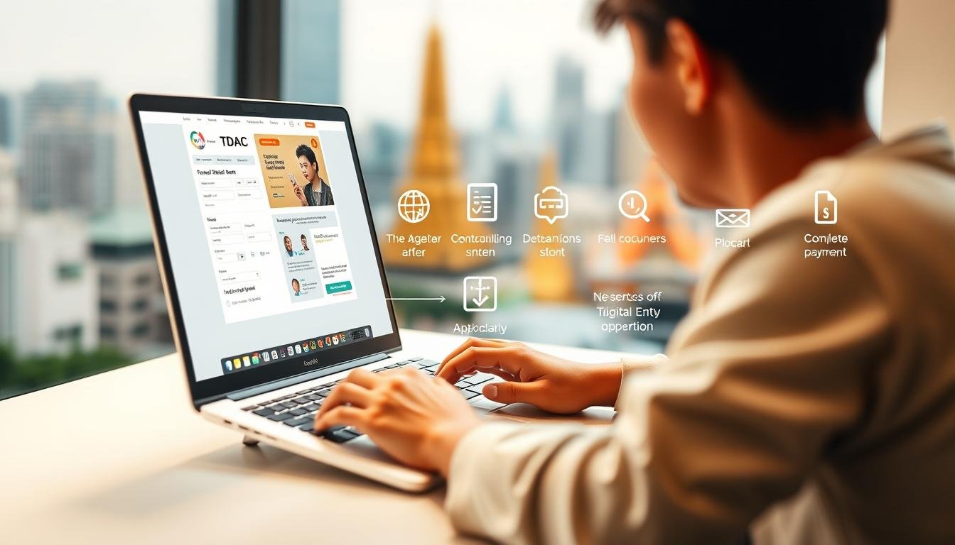 A detailed, step-by-step depiction of the Thailand Digital Entry Application (TDAC) process. In the foreground, a person using a laptop to navigate the online application, with the TDAC website interface displayed prominently. In the middle ground, a series of icons and visual cues illustrating the different stages of the process, such as submitting personal information, uploading documents, and completing payment. In the background, a blurred cityscape of Bangkok, conveying a sense of efficiency and modernity. The lighting is soft and natural, with a clean, minimalist aesthetic throughout. The angle is a slightly elevated, three-quarter view, allowing the viewer to clearly see the application interface and the process unfolding. An atmosphere of ease and clarity permeates the scene, reflecting the streamlined nature of the digital entry experience. A detailed, step-by-step depiction of the Thailand Digital Entry Application (TDAC) process. In the foreground, a person using a laptop to navigate the online application, with the TDAC website interface displayed prominently. In the middle ground, a series of icons and visual cues illustrating the different stages of the process, such as submitting personal information, uploading documents, and completing payment. In the background, a blurred cityscape of Bangkok, conveying a sense of efficiency and modernity. The lighting is soft and natural, with a clean, minimalist aesthetic throughout. The angle is a slightly elevated, three-quarter view, allowing the viewer to clearly see the application interface and the process unfolding. An atmosphere of ease and clarity permeates the scene, reflecting the streamlined nature of the digital entry experience.