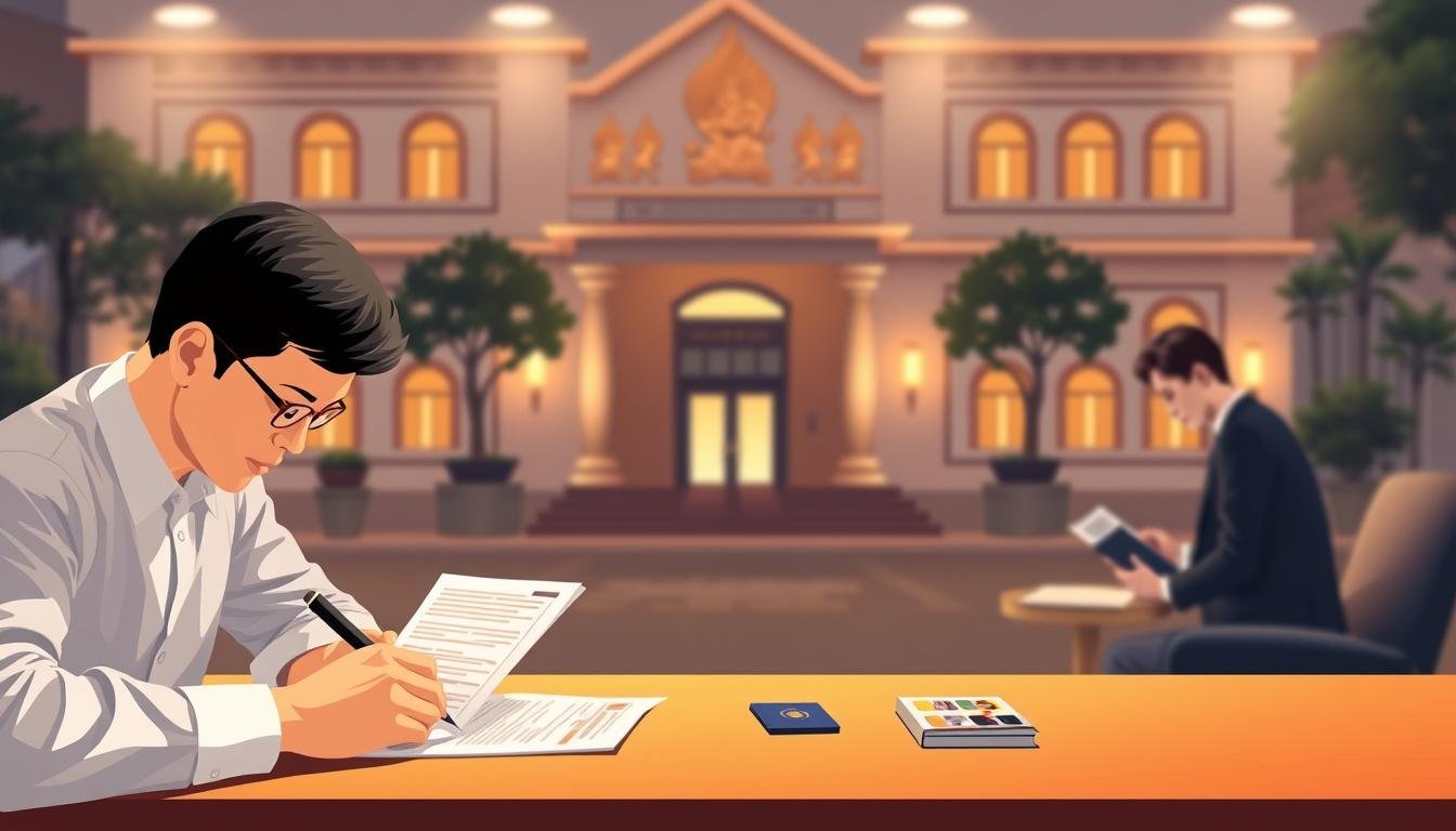 A detailed step-by-step illustration of the Thai visa application process. The foreground depicts a person carefully filling out an official visa application form, with essential documents like passport and photos neatly arranged on a desk. The middle ground shows an officer carefully reviewing the application, while the background features the Thai embassy or consulate building with its distinct architectural style. The lighting is soft and warm, creating a professional and official atmosphere. The composition is balanced, with a clean and organized layout that effectively communicates the visa application workflow.