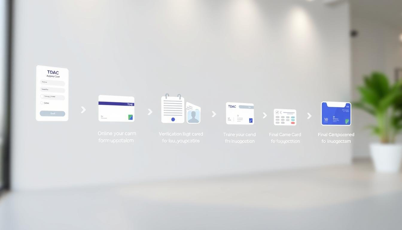 A detailed step-by-step illustration of the Thailand Digital Entry Card (TDAC) application process. A well-lit and crisp digital rendering showcasing the online form, verification steps, and final card issuance in a clean, modern design. Set against a minimalist backdrop with muted colors to draw focus to the core elements. Captured from a slightly elevated perspective to provide an overview, with a shallow depth of field to subtly blur the background. The UI and graphics should be sleek and intuitive, reflecting the streamlined nature of the TDAC system.