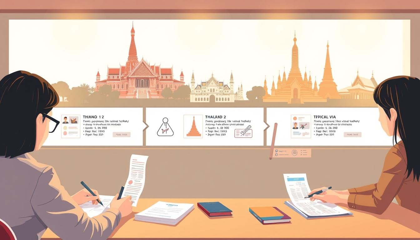 A detailed step-by-step illustration of the Thailand tourist visa application process. The foreground depicts an applicant filling out a visa form, surrounded by supporting documents like passport, photos, and payment receipts. The middle ground shows a government office with officials processing the application, stamping and approving it. The background features iconic Thai landmarks like the Grand Palace and Wat Arun, conveying the destination country. The scene is bathed in warm, golden lighting, creating a sense of efficiency and anticipation. Rendered with a clean, minimalist aesthetic to prioritize clarity and information over decoration.