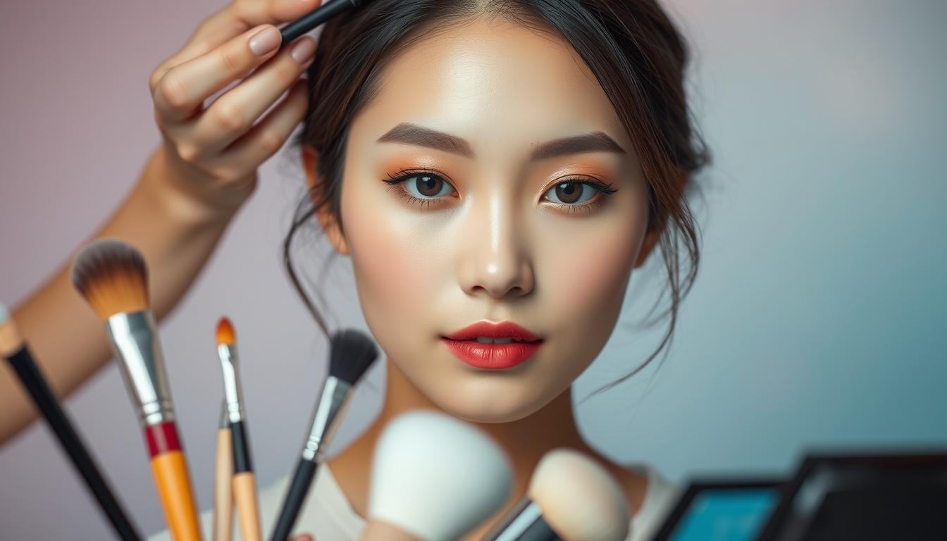 A detailed step-by-step makeup application process, showcasing a professional Korean-inspired makeup look. In the foreground, delicate brushes and makeup tools are neatly arranged, hinting at the intricate techniques to come. The middle ground features a serene young woman's face, her features enhanced with flawless base makeup, refined contouring, and subtly shimmering highlighter. In the background, a soft, diffused gradient of pastel hues creates a calming, ethereal atmosphere, complementing the harmonious makeup application. The lighting is soft and diffused, casting gentle shadows that accentuate the subject's natural features. The overall mood is one of tranquility, elegance, and a dedication to the art of makeup application.