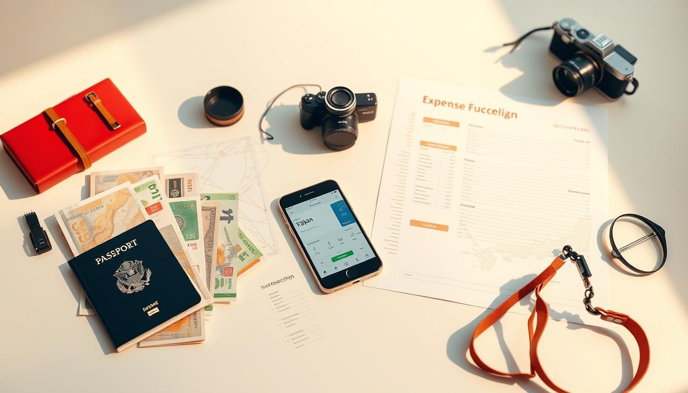 A detailed travel expense plan for a trip to Japan, featuring a meticulously organized arrangement of various miscellaneous spending items on a clean, minimalist surface. The foreground showcases a collection of travel essentials like a passport, currency, maps, and a camera, while the middle ground displays neatly categorized expense tracking documents and a sleek smartphone displaying a budget app. The background features a subtle Japanese landscape, with a soft, muted color palette evoking a sense of tranquility and efficiency. Lit by warm, natural lighting that casts gentle shadows, creating a balanced, professional atmosphere ideal for illustrating a comprehensive financial planning guide for a Japan trip.