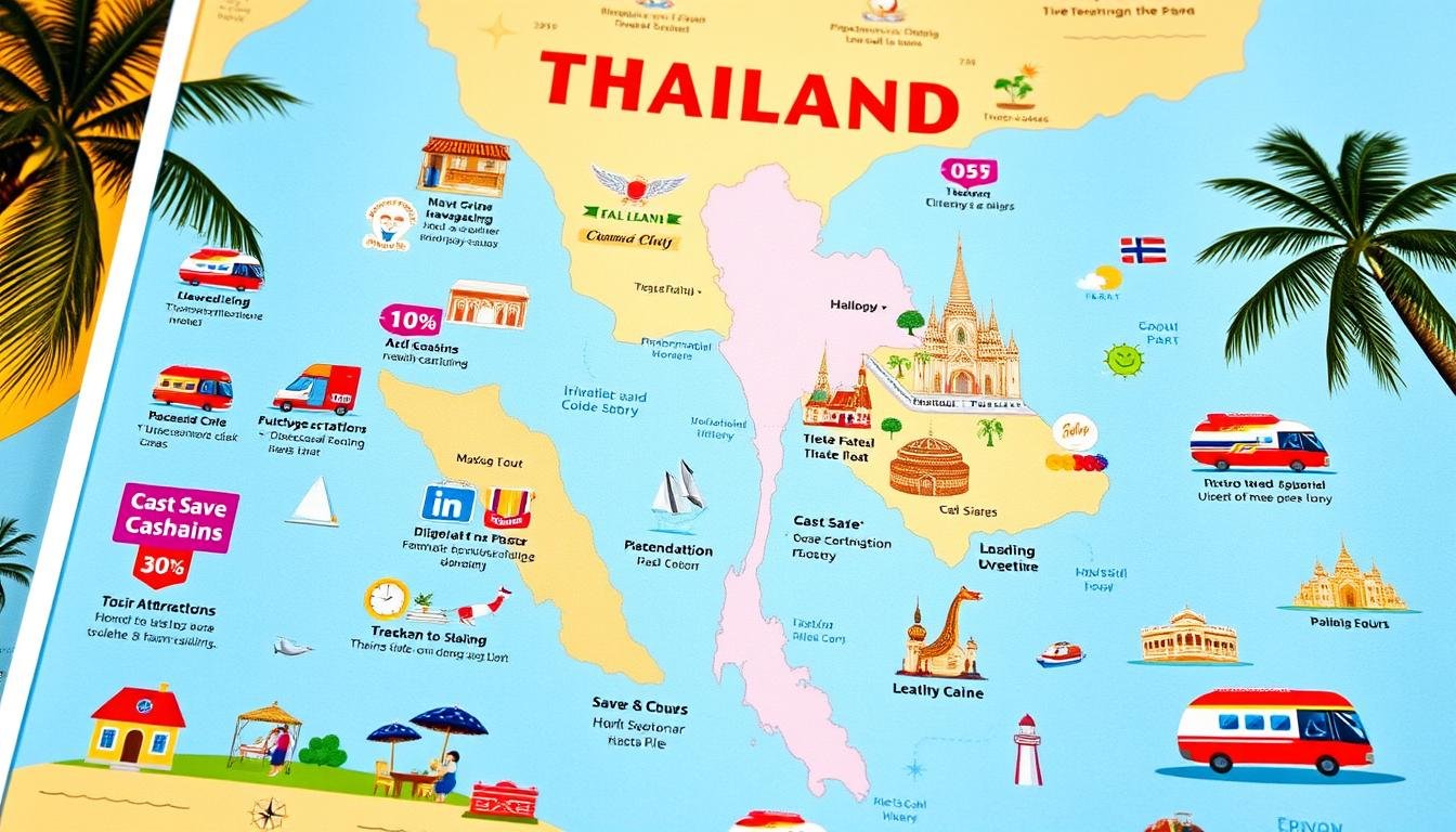 A detailed travel guide map of Thailand with vibrant illustrations depicting cost-saving tips and discounts for tourist attractions, accommodation, transportation, and local cuisine. The foreground showcases colorful icons representing savings opportunities, the middle ground features a stylized map of Thailand with key landmarks, and the background has a warm, tropical atmosphere with palm trees and a sunset sky. The overall composition conveys a sense of adventure and budget-friendly exploration of Thai culture and destinations. A detailed travel guide map of Thailand with vibrant illustrations depicting cost-saving tips and discounts for tourist attractions, accommodation, transportation, and local cuisine. The foreground showcases colorful icons representing savings opportunities, the middle ground features a stylized map of Thailand with key landmarks, and the background has a warm, tropical atmosphere with palm trees and a sunset sky. The overall composition conveys a sense of adventure and budget-friendly exploration of Thai culture and destinations.