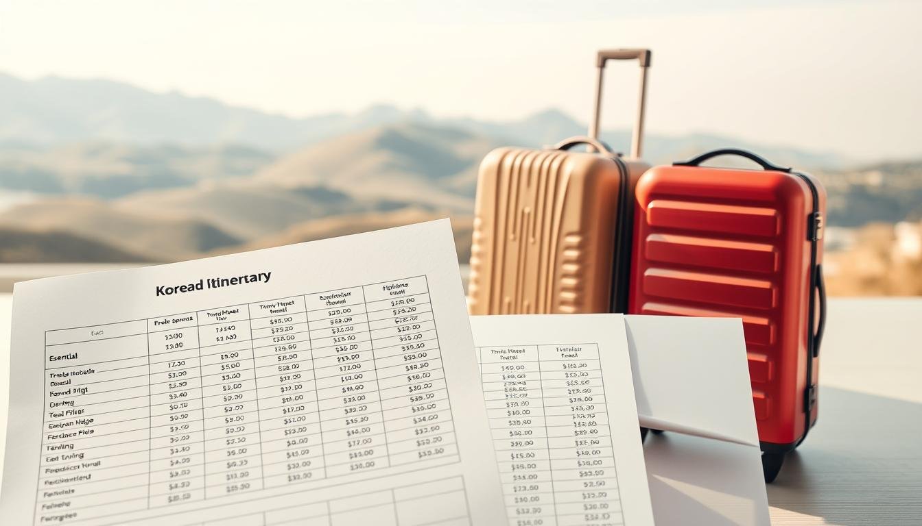 A detailed travel itinerary and cost breakdown, showcasing the financial aspects of a Korean vacation. A clean, minimalist design with a neutral color palette, featuring a layered composition. In the foreground, a meticulously organized spreadsheet displaying travel expenses, flight details, and accommodation costs. The middle ground depicts a trio of suitcases in various sizes, representing the essentials for the journey. In the background, a serene landscape of rolling hills and a clear sky, evoking the tranquility and natural beauty of the Korean peninsula. Soft, diffused lighting casts a warm, inviting glow over the entire scene, conveying a sense of planning and preparation for a memorable trip.