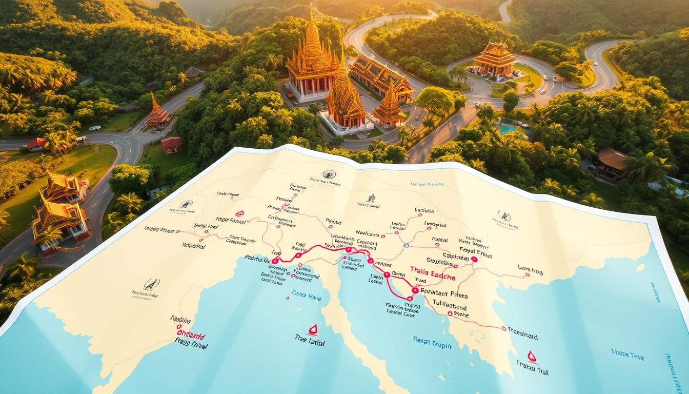 A detailed travel itinerary and transportation guide for a perfect Thailand getaway. An aerial vista showcases a scenic route through lush tropical landscapes, with winding roads leading to iconic landmarks like ornate Buddhist temples and bustling local markets. In the foreground, a map unfolds, meticulously plotting out each destination, transport options, and estimated travel times, all rendered in a vibrant, informative style. The lighting is warm and golden, evoking the sun-drenched charm of Thailand. The overall composition conveys a sense of comprehensive planning and effortless exploration, inspiring the viewer to embark on an unforgettable Thai adventure.