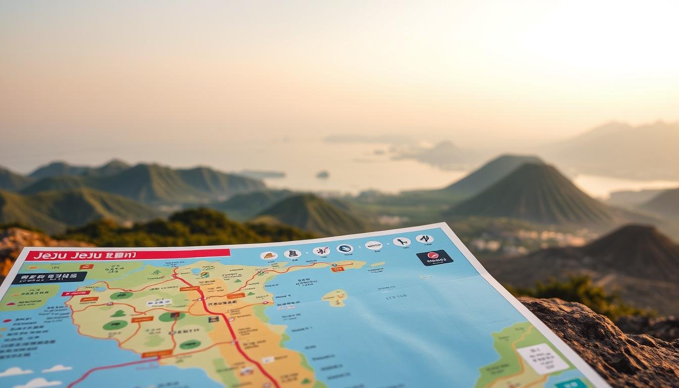 A detailed travel itinerary for Jeju Island, showcasing its natural wonders and cultural highlights. In the foreground, a vibrant map highlighting popular destinations, hiking trails, and transportation routes. The middle ground features picturesque landscapes, including serene beaches, lush green hills, and majestic volcanic formations. In the background, a soft, pastel-toned sky creates a calming atmosphere, while the warm, golden lighting illuminates the scene, conveying the island's tranquil ambiance. The overall composition emphasizes the island's diverse experiences, from outdoor adventures to cultural immersion, inviting the viewer to embark on an unforgettable Jeju Island journey.