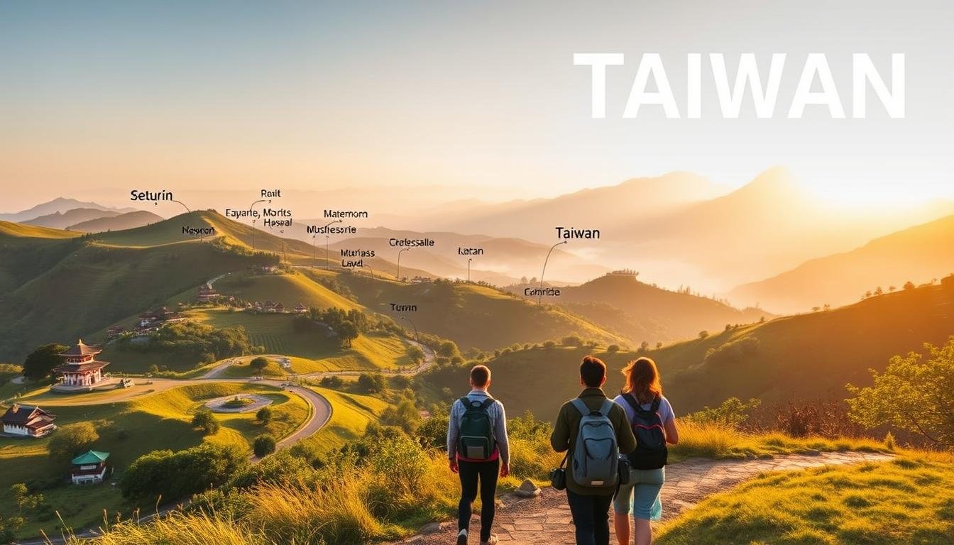 A detailed travel itinerary for an independent tour of Taiwan, showcasing the country's natural beauty and vibrant culture. The image depicts a lush, mountainous landscape with rolling hills, winding roads, and iconic Taiwanese landmarks like temples and traditional architecture. Warm, golden lighting illuminates the scene, creating a serene and inviting atmosphere. In the foreground, a group of travelers explores the area, carrying backpacks and cameras, capturing the essence of a free and flexible Taiwan exploration. The middle ground features points of interest and popular destinations, while the background fades into misty, atmospheric mountains. The overall composition conveys a sense of adventure, discovery, and the freedom to customize one's Taiwan travel experience. A detailed travel itinerary for an independent tour of Taiwan, showcasing the country's natural beauty and vibrant culture. The image depicts a lush, mountainous landscape with rolling hills, winding roads, and iconic Taiwanese landmarks like temples and traditional architecture. Warm, golden lighting illuminates the scene, creating a serene and inviting atmosphere. In the foreground, a group of travelers explores the area, carrying backpacks and cameras, capturing the essence of a free and flexible Taiwan exploration. The middle ground features points of interest and popular destinations, while the background fades into misty, atmospheric mountains. The overall composition conveys a sense of adventure, discovery, and the freedom to customize one's Taiwan travel experience.