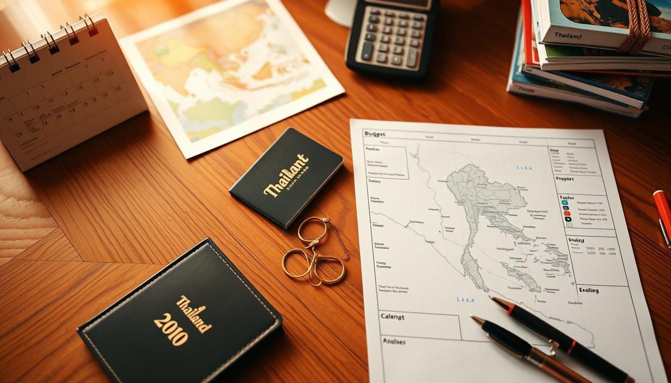 A detailed travel planning guide for a Thailand vacation, with a meticulously organized itinerary and a comprehensive budget breakdown. The scene depicts a wooden table with a map of Thailand, a passport, a calendar, a calculator, and a stack of travel guides. Warm lighting casts a golden glow, creating a cozy and inviting atmosphere. The composition emphasizes the planning process, with a focus on the essential elements required for a seamless and well-prepared Thai adventure. The overall tone exudes a sense of excitement and anticipation for the cultural experiences and hidden gems that await the traveler. A detailed travel planning guide for a Thailand vacation, with a meticulously organized itinerary and a comprehensive budget breakdown. The scene depicts a wooden table with a map of Thailand, a passport, a calendar, a calculator, and a stack of travel guides. Warm lighting casts a golden glow, creating a cozy and inviting atmosphere. The composition emphasizes the planning process, with a focus on the essential elements required for a seamless and well-prepared Thai adventure. The overall tone exudes a sense of excitement and anticipation for the cultural experiences and hidden gems that await the traveler.