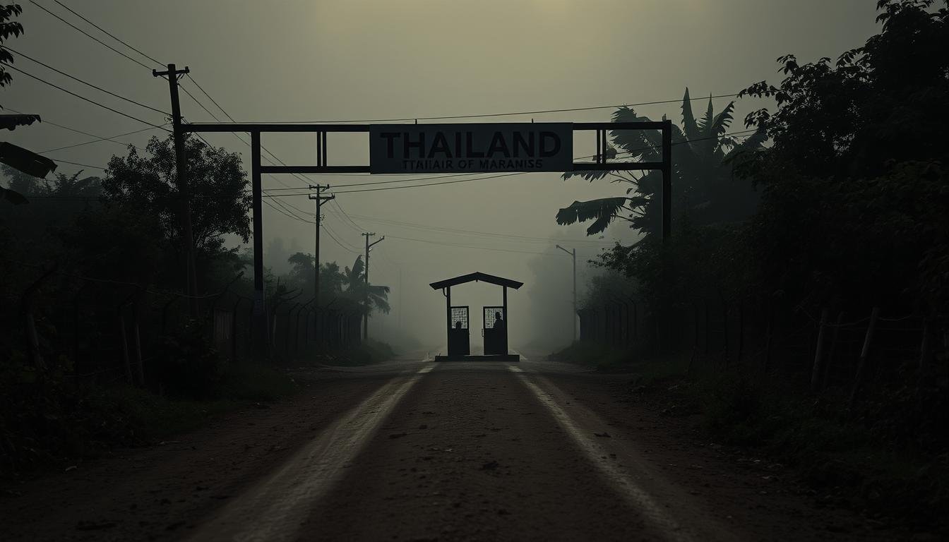 A dimly lit border crossing between Thailand and its neighboring country, with barbed wire fences, armed guards, and a sense of tension in the air. The foreground features a rugged, unpaved road leading towards the border, surrounded by dense foliage and a hazy, ominous sky. In the middle ground, a small, dilapidated checkpoint structure stands as a symbol of the region's security challenges. The background is shrouded in a mist, hinting at the unknown dangers that lurk beyond the visible boundaries. The image conveys a sense of caution and the need for heightened vigilance when navigating this precarious border area.