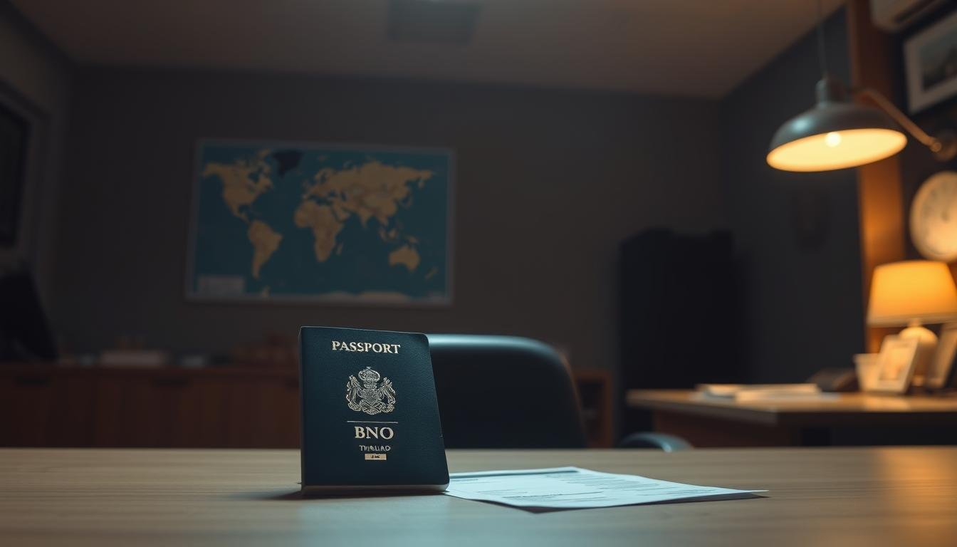 A dimly lit office interior, with a desk prominently featuring a BNO passport and Thai visa documents. The desk is illuminated by a warm, focused light, casting subtle shadows. In the background, a world map hangs on the wall, hinting at the international implications of the scene. The overall atmosphere is one of focused attention and attention to detail, reflecting the importance of the subject matter. A dimly lit office interior, with a desk prominently featuring a BNO passport and Thai visa documents. The desk is illuminated by a warm, focused light, casting subtle shadows. In the background, a world map hangs on the wall, hinting at the international implications of the scene. The overall atmosphere is one of focused attention and attention to detail, reflecting the importance of the subject matter.