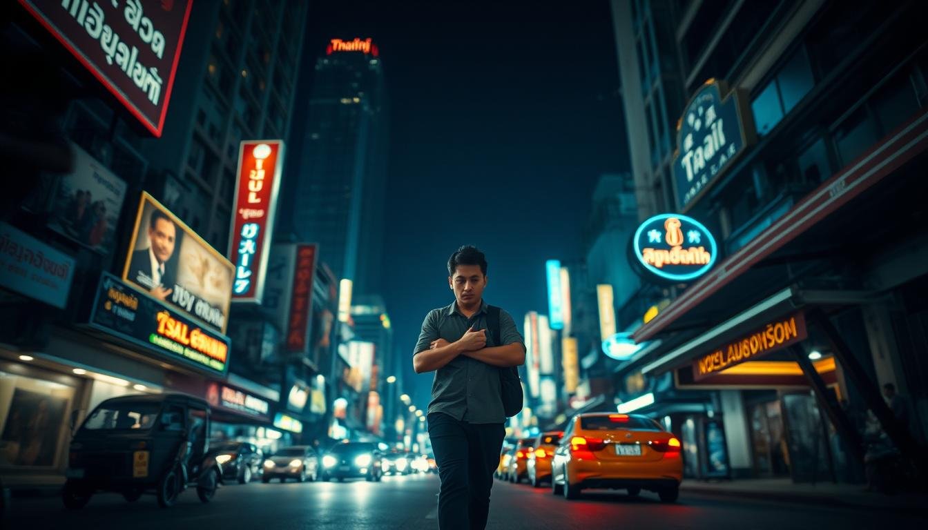 A dimly lit street in a bustling Thai city, with towering skyscrapers and neon signs in the background. In the foreground, a lone traveler walks cautiously, eyes alert, clutching their belongings close. The atmosphere is tense, with a sense of unease and caution permeating the scene. Soft, warm lighting casts long shadows, creating a sense of foreboding. The camera angle is low, giving the viewer a sense of vulnerability and the need to be vigilant. The overall mood is one of concern for personal safety and the need to be aware of one's surroundings while exploring the vibrant but potentially risky environment of Thailand. A dimly lit street in a bustling Thai city, with towering skyscrapers and neon signs in the background. In the foreground, a lone traveler walks cautiously, eyes alert, clutching their belongings close. The atmosphere is tense, with a sense of unease and caution permeating the scene. Soft, warm lighting casts long shadows, creating a sense of foreboding. The camera angle is low, giving the viewer a sense of vulnerability and the need to be vigilant. The overall mood is one of concern for personal safety and the need to be aware of one's surroundings while exploring the vibrant but potentially risky environment of Thailand.