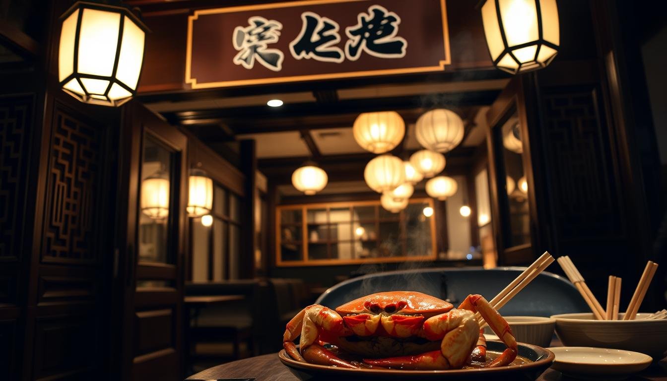 A dimly lit, traditional-style restaurant facade with a simple signage reading "醬蟹屋". The entrance is framed by intricate wooden carvings and lanterns, casting a warm, welcoming glow. Through the open doorway, glimpses of a cozy, intimate dining space can be seen, with dark wood furnishings and delicate paper lanterns hanging from the ceiling. In the foreground, a table is set with ceramic dishes, chopsticks, and a centerpiece of fresh crabs glistening in a rich, aromatic soy-based sauce. The overall atmosphere evokes a sense of authenticity and local culinary heritage.