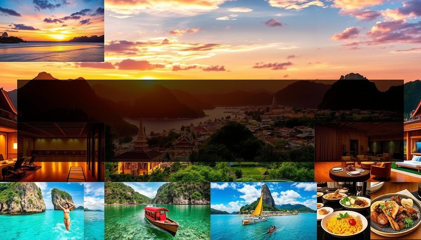 A diverse array of travel package options, meticulously crafted to cater to a wide range of preferences. Vibrant colors and dynamic compositions showcase an assortment of activities, from serene beach scenes to bustling city landscapes. Carefully curated photographs depict unique cultural experiences, luxurious accommodations, and enticing culinary delights, all set against the backdrop of Thailand's stunning natural beauty. Warm, natural lighting and a sense of movement evoke a spirit of exploration and adventure, inviting the viewer to envision themselves immersed in the diverse travel opportunities on offer. A diverse array of travel package options, meticulously crafted to cater to a wide range of preferences. Vibrant colors and dynamic compositions showcase an assortment of activities, from serene beach scenes to bustling city landscapes. Carefully curated photographs depict unique cultural experiences, luxurious accommodations, and enticing culinary delights, all set against the backdrop of Thailand's stunning natural beauty. Warm, natural lighting and a sense of movement evoke a spirit of exploration and adventure, inviting the viewer to envision themselves immersed in the diverse travel opportunities on offer.