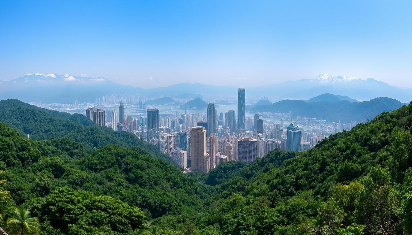 A dramatic panoramic landscape showcasing the diverse climates of Hong Kong's regions. In the foreground, lush tropical forests dripping with humid air and heavy rainfall. In the middle ground, the bustling skyscrapers of the urban center, shrouded in a light hazy mist. Beyond, rugged mountainous terrain, its peaks capped with a dusting of snow under a crisp, clear sky. Vibrant colors, sharp contrasts, and a sense of the dynamic weather patterns that shape this unique city. Captured with a wide-angle lens to emphasize the dramatic scale and variety of Hong Kong's microclimates. A dramatic panoramic landscape showcasing the diverse climates of Hong Kong's regions. In the foreground, lush tropical forests dripping with humid air and heavy rainfall. In the middle ground, the bustling skyscrapers of the urban center, shrouded in a light hazy mist. Beyond, rugged mountainous terrain, its peaks capped with a dusting of snow under a crisp, clear sky. Vibrant colors, sharp contrasts, and a sense of the dynamic weather patterns that shape this unique city. Captured with a wide-angle lens to emphasize the dramatic scale and variety of Hong Kong's microclimates.