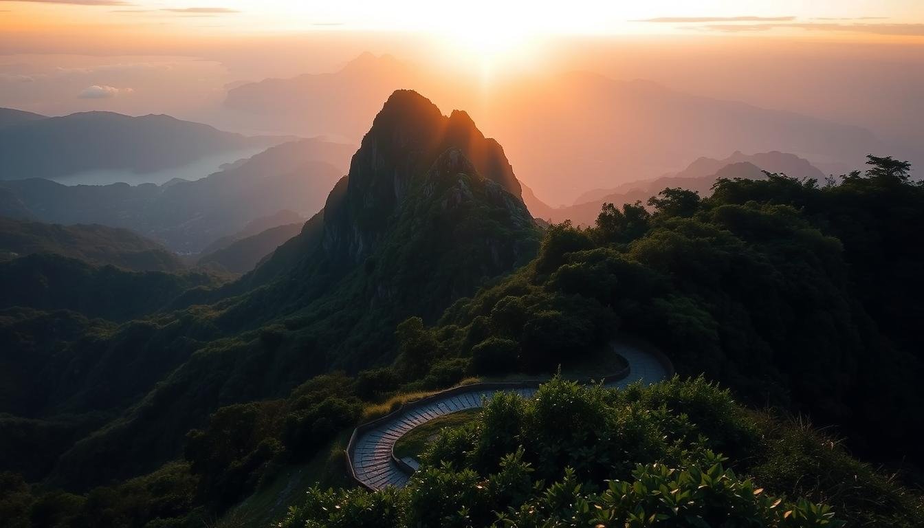 A dramatic sunrise over the majestic Tai Mo Shan mountain in Hong Kong. The scene captures the first rays of sunlight illuminating the rugged peaks, casting a warm glow over the serene landscape. In the foreground, a winding path leads the viewer's eye towards the mountain, inviting exploration. The middle ground features lush, verdant foliage contrasting with the rocky outcroppings. In the distance, the hazy silhouettes of other peaks create a sense of depth and scale. The lighting is soft and ethereal, evoking a sense of tranquility and wonder. The composition emphasizes the grandeur of the natural setting, showcasing the beauty of this iconic Hong Kong landmark. A dramatic sunrise over the majestic Tai Mo Shan mountain in Hong Kong. The scene captures the first rays of sunlight illuminating the rugged peaks, casting a warm glow over the serene landscape. In the foreground, a winding path leads the viewer's eye towards the mountain, inviting exploration. The middle ground features lush, verdant foliage contrasting with the rocky outcroppings. In the distance, the hazy silhouettes of other peaks create a sense of depth and scale. The lighting is soft and ethereal, evoking a sense of tranquility and wonder. The composition emphasizes the grandeur of the natural setting, showcasing the beauty of this iconic Hong Kong landmark.