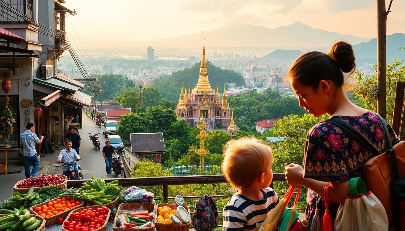 A family-friendly travel itinerary set against a vibrant backdrop of Bangkok's bustling streets and Chiang Mai's tranquil countryside. In the foreground, a parent and child explore a local market, examining colorful fresh produce and handcrafted souvenirs. The middle ground features a scenic overlook of Doi Suthep, the iconic mountain temple, with its gilded spires glimmering in the soft, warm light. In the background, a bustling city skyline blends seamlessly with lush, verdant foliage. The scene evokes a sense of wonder, cultural immersion, and quality time spent together as a family, capturing the essence of a personalized, child-friendly Thai travel experience. A family-friendly travel itinerary set against a vibrant backdrop of Bangkok's bustling streets and Chiang Mai's tranquil countryside. In the foreground, a parent and child explore a local market, examining colorful fresh produce and handcrafted souvenirs. The middle ground features a scenic overlook of Doi Suthep, the iconic mountain temple, with its gilded spires glimmering in the soft, warm light. In the background, a bustling city skyline blends seamlessly with lush, verdant foliage. The scene evokes a sense of wonder, cultural immersion, and quality time spent together as a family, capturing the essence of a personalized, child-friendly Thai travel experience.