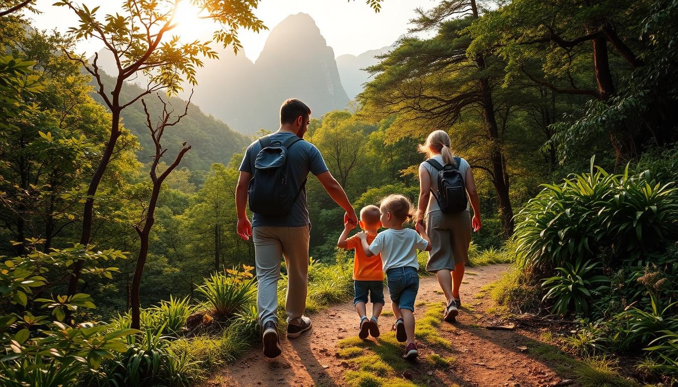 A family of four - parents and two children - embarking on an outdoor adventure in the lush, verdant landscapes of Hong Kong. The parents are guiding the children through a winding forest trail, the younger child's hand clasped in the father's, while the older child skips ahead, their excitement palpable. Warm, golden sunlight filters through the canopy, casting a magical glow over the scene. In the background, towering mountains rise, hinting at the grand, rugged terrain that awaits the family's exploration. The atmosphere is one of togetherness, discovery, and the thrill of shared experiences in the great outdoors.