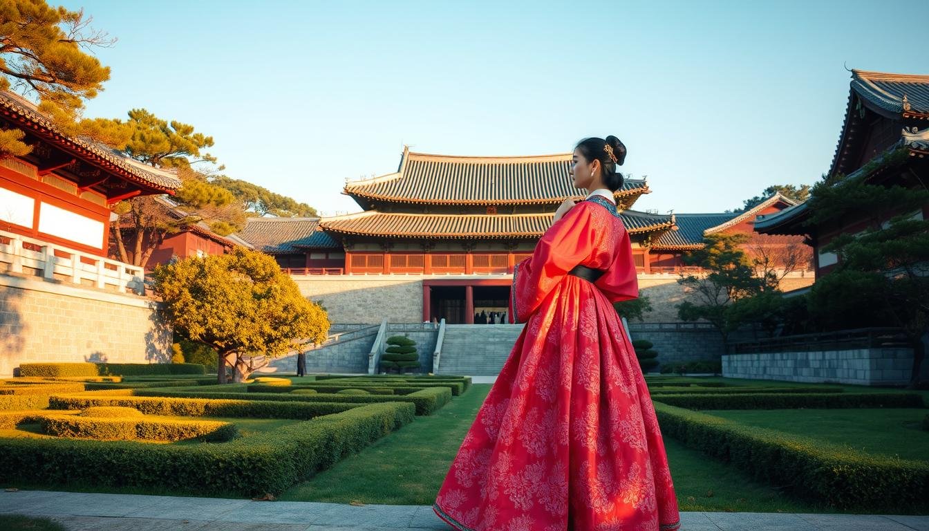 A grand and ornate palace, the Changdeokgung, stands proudly in Seoul, its traditional Korean architecture bathed in warm, golden light. In the foreground, a graceful figure adorned in a vibrant, flowing hanbok gown strikes a regal pose, offering a glimpse into the rich cultural heritage. The lush, manicured gardens surrounding the palace provide a serene backdrop, inviting the viewer to immerse themselves in this enchanting, historical setting. Intricate details, such as the delicate patterns and embroidery of the hanbok, are captured with a cinematic, high-resolution lens, creating a captivating and immersive visual experience. A grand and ornate palace, the Changdeokgung, stands proudly in Seoul, its traditional Korean architecture bathed in warm, golden light. In the foreground, a graceful figure adorned in a vibrant, flowing hanbok gown strikes a regal pose, offering a glimpse into the rich cultural heritage. The lush, manicured gardens surrounding the palace provide a serene backdrop, inviting the viewer to immerse themselves in this enchanting, historical setting. Intricate details, such as the delicate patterns and embroidery of the hanbok, are captured with a cinematic, high-resolution lens, creating a captivating and immersive visual experience.