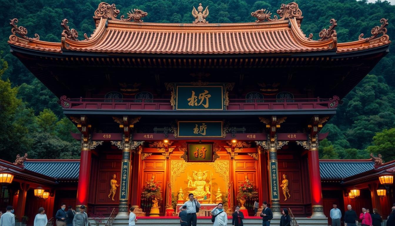 A grand and ornate temple, the Jifugong Shrine, stands majestically against a backdrop of lush greenery. The main altar is adorned with intricate wood carvings and gilded decorations, depicting the revered deities enshrined within. Warm, ambient lighting casts a serene glow, highlighting the elaborate architectural details and the devotees engaged in solemn rituals. The scene exudes a harmonious blend of cultural heritage and spiritual devotion, embodying the essence of Taiwanese folk beliefs and the enduring traditions of this cherished landmark. A grand and ornate temple, the Jifugong Shrine, stands majestically against a backdrop of lush greenery. The main altar is adorned with intricate wood carvings and gilded decorations, depicting the revered deities enshrined within. Warm, ambient lighting casts a serene glow, highlighting the elaborate architectural details and the devotees engaged in solemn rituals. The scene exudes a harmonious blend of cultural heritage and spiritual devotion, embodying the essence of Taiwanese folk beliefs and the enduring traditions of this cherished landmark.