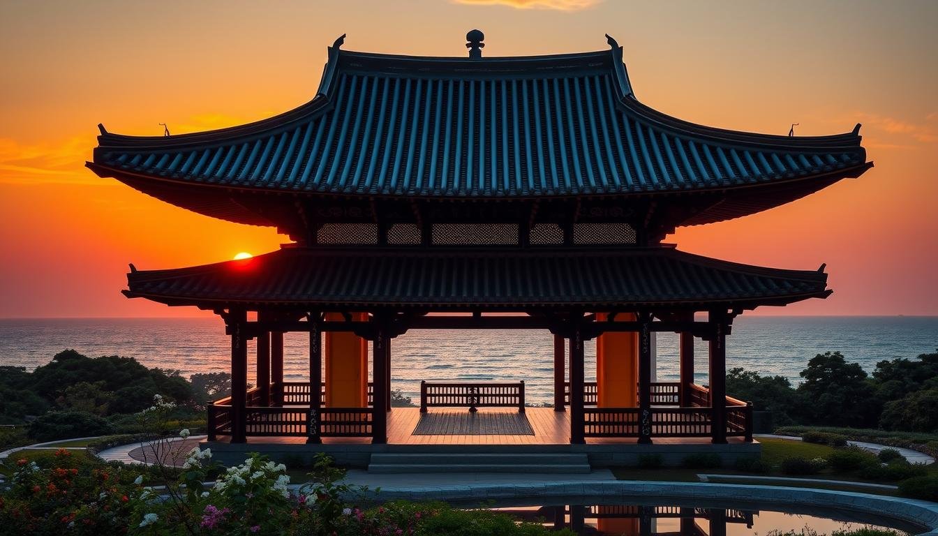 A grand bronze hanok-style pavilion, silhouetted against a vibrant orange sunset over the ocean. The structure features intricate roofing with elegant curved eaves, supported by sturdy wooden pillars. The pavilion is set in a lush, verdant garden with blooming flowers and a serene pond, creating a harmonious fusion of nature and traditional Korean architecture. Warm lighting from within the pavilion casts a soft, inviting glow, beckoning visitors to step inside and experience the beauty of this historic landmark. The scene is captured through a wide-angle lens, emphasizing the grandeur and scale of the structure against the picturesque coastal backdrop.