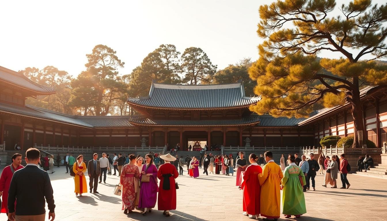 A grand palace courtyard in Seoul, South Korea, bathed in warm afternoon sunlight. In the foreground, a group of visitors dressed in vibrant traditional Korean hanbok garments, their colorful silks and elegant tailoring capturing the essence of the bygone era. The middle ground showcases the majestic architecture of Gyeongbokgung Palace, its ornate roofs and intricate details inviting the viewer to step back in time. In the background, towering trees sway gently, creating a tranquil, timeless atmosphere. The scene is imbued with a sense of timeless tradition, inviting the viewer to immerse themselves in the rich cultural heritage of South Korea. A grand palace courtyard in Seoul, South Korea, bathed in warm afternoon sunlight. In the foreground, a group of visitors dressed in vibrant traditional Korean hanbok garments, their colorful silks and elegant tailoring capturing the essence of the bygone era. The middle ground showcases the majestic architecture of Gyeongbokgung Palace, its ornate roofs and intricate details inviting the viewer to step back in time. In the background, towering trees sway gently, creating a tranquil, timeless atmosphere. The scene is imbued with a sense of timeless tradition, inviting the viewer to immerse themselves in the rich cultural heritage of South Korea.