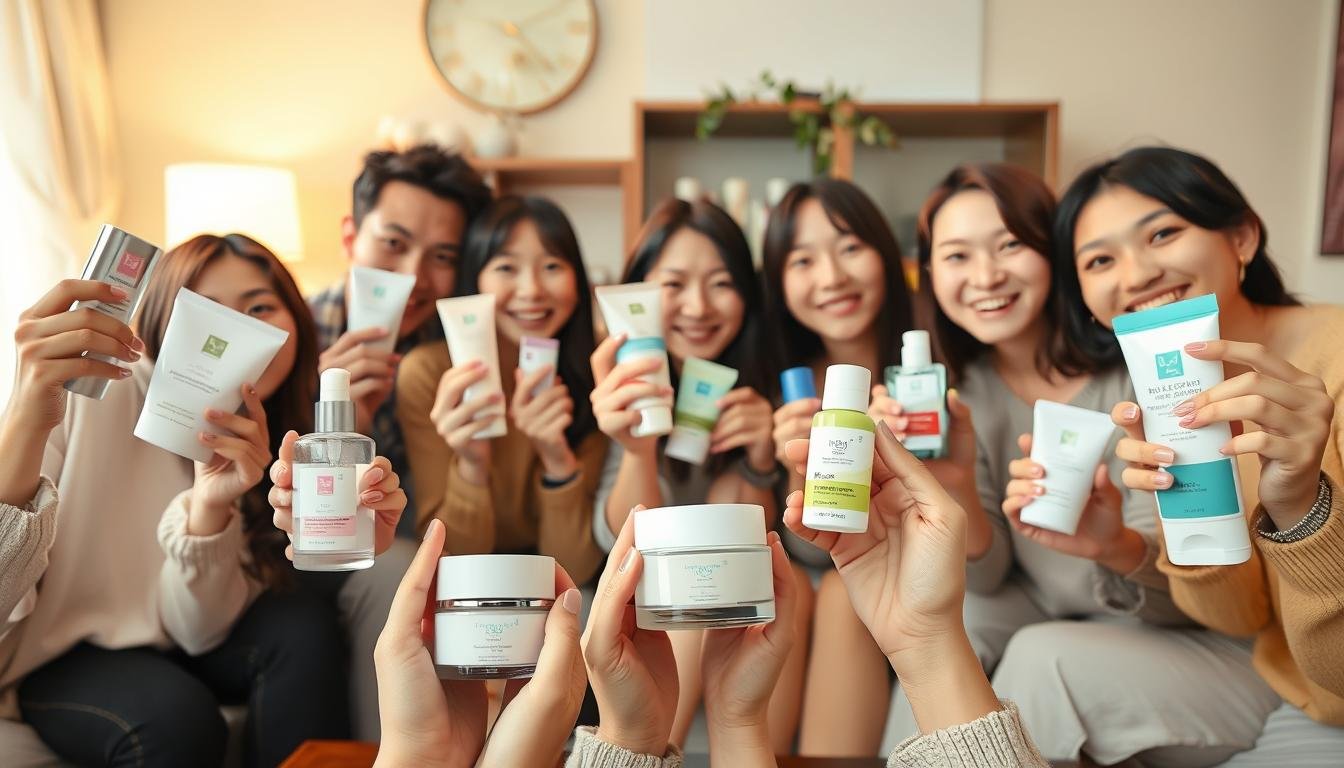 A group of people using various Korean skincare products, posing and gesturing as they share their enthusiastic reviews. The foreground features close-up shots of hands holding different cosmetic bottles and jars, with expressions of delight. The middle ground shows the consumers themselves, diverse in age and gender, gathered in a cozy living room setting with warm, soft lighting. The background depicts a tastefully decorated Korean-style interior, hinting at the cultural context. The overall atmosphere conveys a sense of genuine, relatable consumer experience and satisfaction.