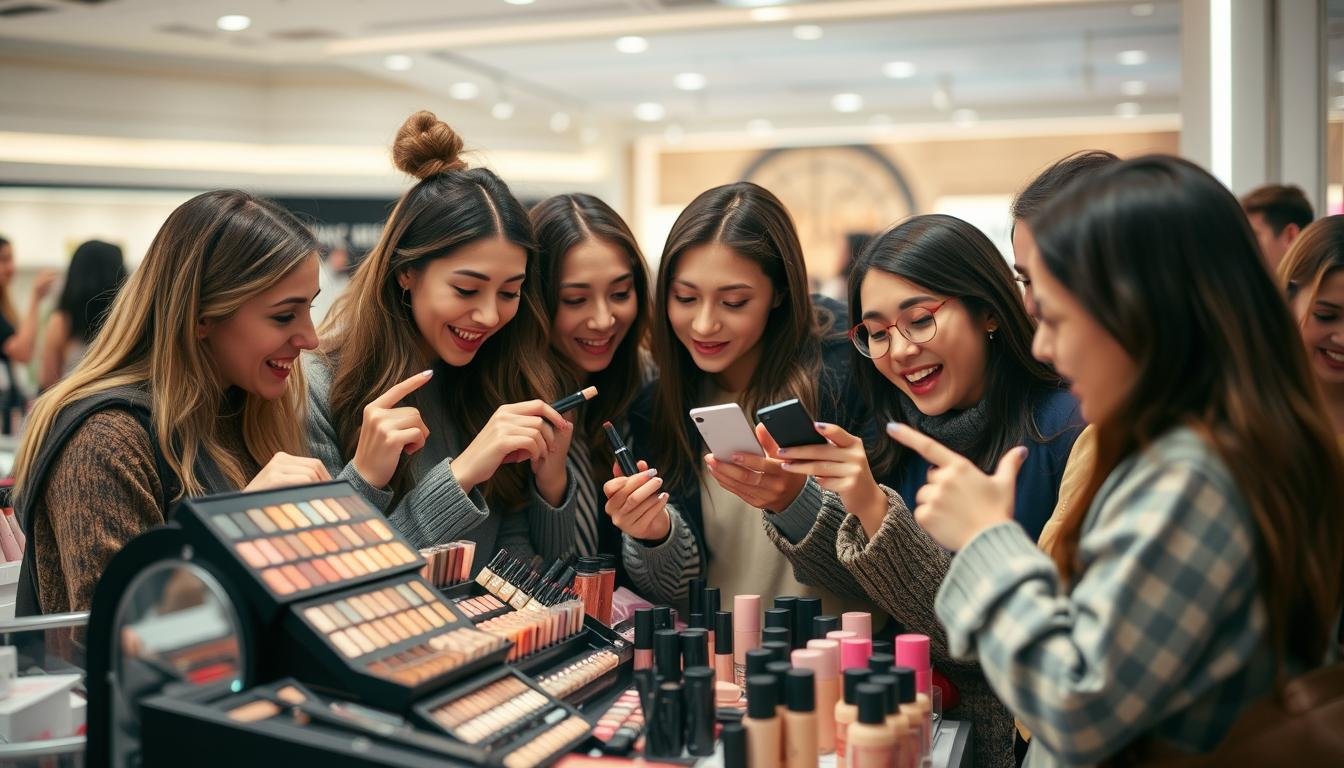 A group of shoppers enthusiastically browsing makeup products at a well-lit, modern cosmetics counter. The scene is filled with a sense of camaraderie and shared experience, as the consumers compare items, swap recommendations, and eagerly point out their favorite finds. Soft, diffuse lighting bathes the arrangement of eyeshadow palettes, lipsticks, and foundation bottles in a warm, inviting glow. The shoppers' expressions convey a mix of concentration and delight, immersed in the thrill of the shared shopping expedition. The overall composition creates an atmospheric, candid snapshot of the collaborative, interactive nature of the in-store makeup shopping experience. A group of shoppers enthusiastically browsing makeup products at a well-lit, modern cosmetics counter. The scene is filled with a sense of camaraderie and shared experience, as the consumers compare items, swap recommendations, and eagerly point out their favorite finds. Soft, diffuse lighting bathes the arrangement of eyeshadow palettes, lipsticks, and foundation bottles in a warm, inviting glow. The shoppers' expressions convey a mix of concentration and delight, immersed in the thrill of the shared shopping expedition. The overall composition creates an atmospheric, candid snapshot of the collaborative, interactive nature of the in-store makeup shopping experience.