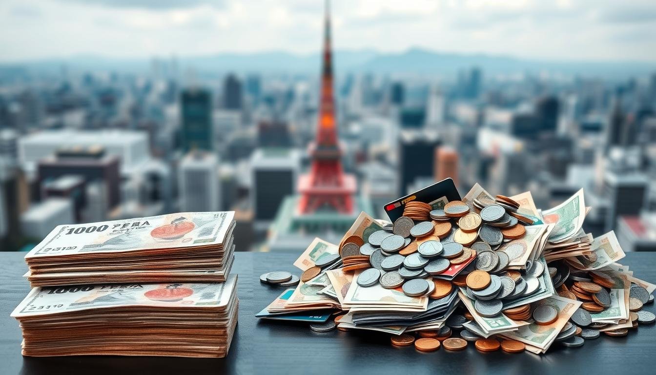 A high-contrast visual comparison of the cash requirements for a guided tour versus an independent trip to Japan. In the foreground, stacks of yen notes represent the cash needed for a guided tour, neatly organized and controlled. In the middle ground, a jumble of yen notes, credit cards, and coins symbolize the flexible, but less structured, cash needs of an independent trip. In the background, a distant, blurred cityscape of Tokyo evokes the destination. The image conveys the trade-offs between the structured convenience of a guided tour and the freedom and uncertainty of independent travel, allowing the viewer to assess their own cash management preferences.