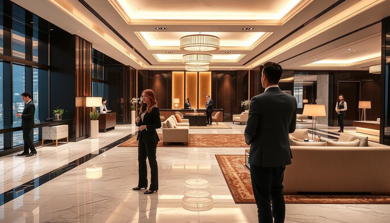A high-end urban hotel in the heart of Seoul, showcasing its upgraded accommodations. The scene captures the elegant lobby with sleek marble floors, modern furnishings, and warm lighting. In the foreground, a well-dressed couple stands admiring the luxurious decor, while in the background, hotel staff attend to guests. The atmosphere exudes a sense of sophistication and comfort, reflecting the luxurious upgrade options available at this premier city center establishment. The composition emphasizes the hotel's premium status, highlighting its upscale ambiance and attention to detail.