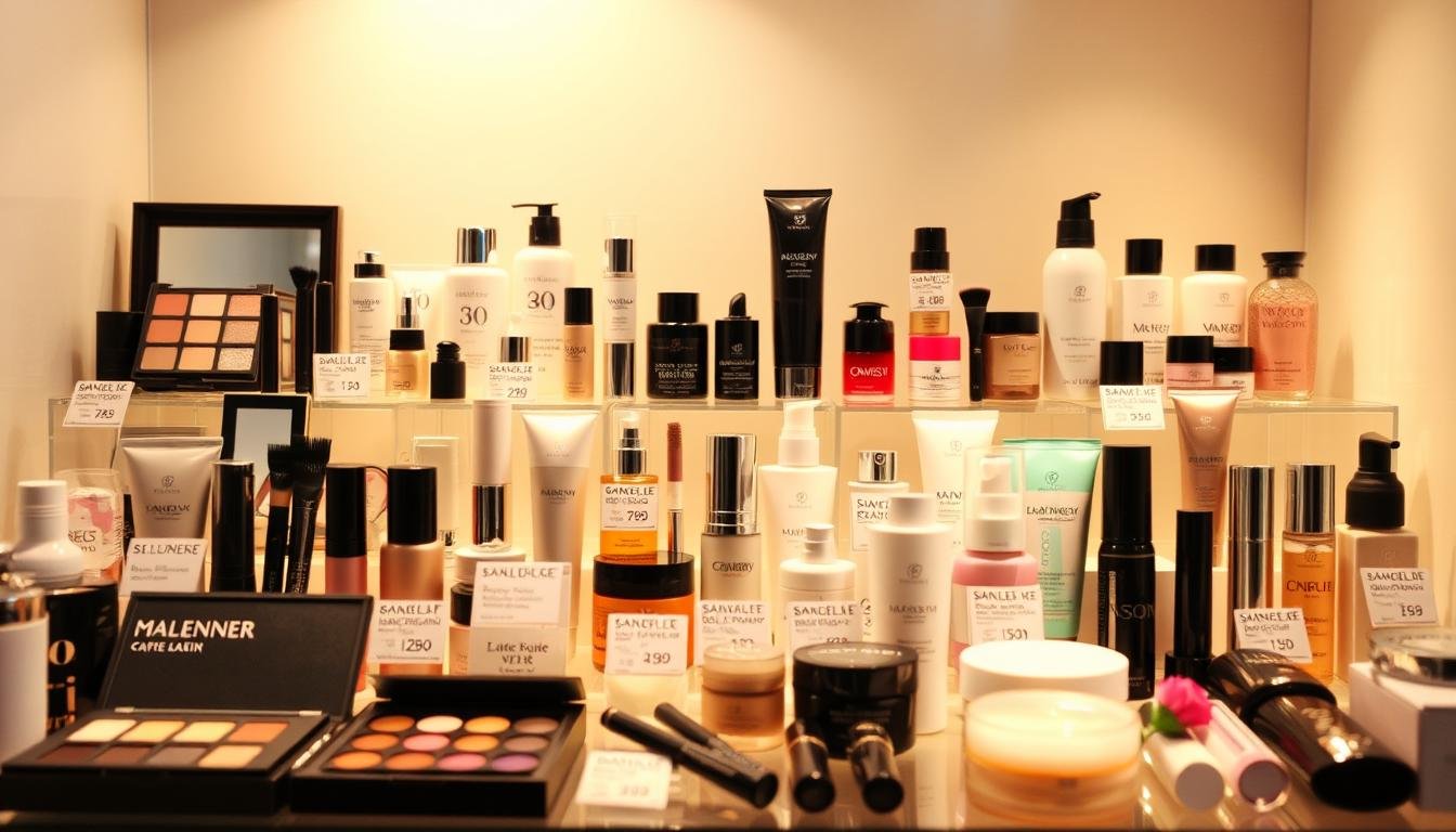 A high-quality, beautifully-lit display of popular cosmetic products, arranged in an elegant, visually-appealing manner. The foreground features a variety of makeup, skincare, and hair care items, each with a clear price tag indicating their comparative costs. The middle ground showcases the products in an organized grid layout, allowing for easy comparison. The background is a soft, neutral-toned environment, creating a calming, sophisticated atmosphere that enhances the overall presentation. Lighting is warm and diffused, highlighting the product details and textures. The composition is balanced, drawing the viewer's eye across the assortment of premium beauty items. A high-quality, beautifully-lit display of popular cosmetic products, arranged in an elegant, visually-appealing manner. The foreground features a variety of makeup, skincare, and hair care items, each with a clear price tag indicating their comparative costs. The middle ground showcases the products in an organized grid layout, allowing for easy comparison. The background is a soft, neutral-toned environment, creating a calming, sophisticated atmosphere that enhances the overall presentation. Lighting is warm and diffused, highlighting the product details and textures. The composition is balanced, drawing the viewer's eye across the assortment of premium beauty items.