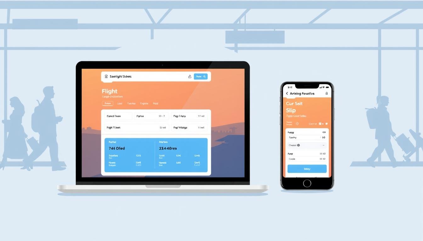 A high-quality digital illustration showcasing a step-by-step guide for booking discounted airline tickets online. The foreground depicts a laptop screen displaying an intuitive flight booking platform with clearly labeled sections for flight selection, fare comparison, and checkout. The middle ground features a smartphone displaying a mobile version of the same platform, emphasizing the convenience of on-the-go booking. The background subtly suggests a bustling airport terminal, with silhouettes of travelers and architectural details, conveying the wider context of air travel. The overall tone is sleek, modern, and informative, with a clean, minimalist aesthetic that highlights the key elements of the booking process. A high-quality digital illustration showcasing a step-by-step guide for booking discounted airline tickets online. The foreground depicts a laptop screen displaying an intuitive flight booking platform with clearly labeled sections for flight selection, fare comparison, and checkout. The middle ground features a smartphone displaying a mobile version of the same platform, emphasizing the convenience of on-the-go booking. The background subtly suggests a bustling airport terminal, with silhouettes of travelers and architectural details, conveying the wider context of air travel. The overall tone is sleek, modern, and informative, with a clean, minimalist aesthetic that highlights the key elements of the booking process.