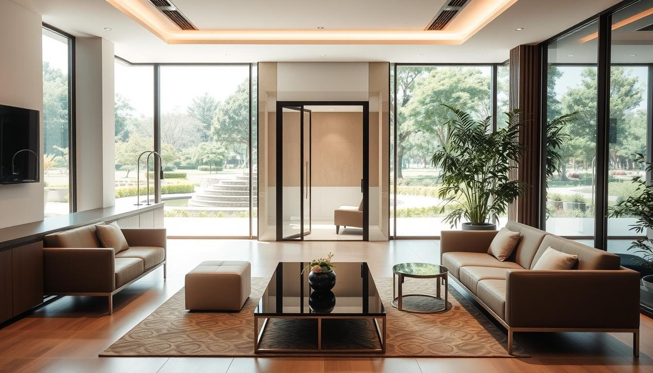 A high-quality medical spa in Busan, South Korea. The clinic features a sleek, modern reception area with minimalist furniture and clean lines. A glass-enclosed consultation room is visible in the middle ground, where patients can discuss their treatments. The background shows a tranquil, park-like setting with lush greenery and a calming water feature. Soft, natural lighting illuminates the scene, creating a serene and professional atmosphere. The overall composition conveys the clinic's dedication to excellence in aesthetic medicine and personalized patient care.