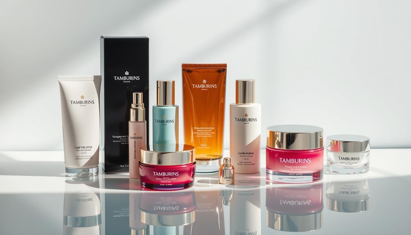 A high-quality still life composition featuring an assortment of luxury Korean beauty products from the Tamburins brand, positioned on a sleek, reflective surface. The products are arranged in a visually appealing manner, showcasing their distinct packaging designs, colors, and textures. Soft, directional lighting casts subtle shadows, enhancing the three-dimensional quality of the objects. The overall mood is one of elegance, sophistication, and attention to detail, reflecting the premium nature of the featured cosmetics. The background is simple and uncluttered, allowing the products to be the central focus of the image. A high-quality still life composition featuring an assortment of luxury Korean beauty products from the Tamburins brand, positioned on a sleek, reflective surface. The products are arranged in a visually appealing manner, showcasing their distinct packaging designs, colors, and textures. Soft, directional lighting casts subtle shadows, enhancing the three-dimensional quality of the objects. The overall mood is one of elegance, sophistication, and attention to detail, reflecting the premium nature of the featured cosmetics. The background is simple and uncluttered, allowing the products to be the central focus of the image.
