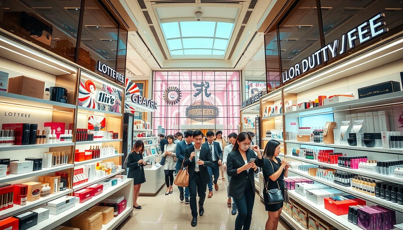 A high-quality, wide-angle photograph of a colorful, vibrant scene depicting a duty-free shopping experience in a bustling Korean Lotte Duty Free store. The foreground showcases various luxury goods and cosmetic products neatly displayed on sleek shelves, with a clean, modern aesthetic. The middle ground features well-dressed shoppers excitedly browsing and comparing items, creating a lively, energetic atmosphere. The background depicts the store's elegant architecture, with large windows allowing natural light to flood the space, creating a warm, inviting ambiance. The overall scene conveys a sense of excitement, high-end sophistication, and the thrill of discovering great deals and exclusive merchandise in a premium duty-free shopping environment. A high-quality, wide-angle photograph of a colorful, vibrant scene depicting a duty-free shopping experience in a bustling Korean Lotte Duty Free store. The foreground showcases various luxury goods and cosmetic products neatly displayed on sleek shelves, with a clean, modern aesthetic. The middle ground features well-dressed shoppers excitedly browsing and comparing items, creating a lively, energetic atmosphere. The background depicts the store's elegant architecture, with large windows allowing natural light to flood the space, creating a warm, inviting ambiance. The overall scene conveys a sense of excitement, high-end sophistication, and the thrill of discovering great deals and exclusive merchandise in a premium duty-free shopping environment.