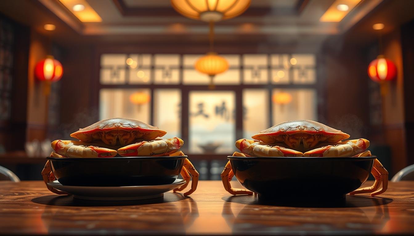 A high-resolution image depicting a visually striking comparison of two variations of the iconic "Dai Wa Fong Soy Crab" dish. Set against a warm, dimly lit backdrop, the foreground showcases the two crab dishes in exquisite detail, highlighting their distinct textures, colors, and presentation. The middle ground features a blurred, atmospheric view of a traditional Chinese restaurant interior, with subtle hints of wooden furnishings and red lanterns. The background gently fades into a softly blurred, muted color palette, creating a sense of depth and ambiance. The overall composition conveys a sense of culinary expertise, cultural authenticity, and the spirit of refined, introspective food appreciation.
