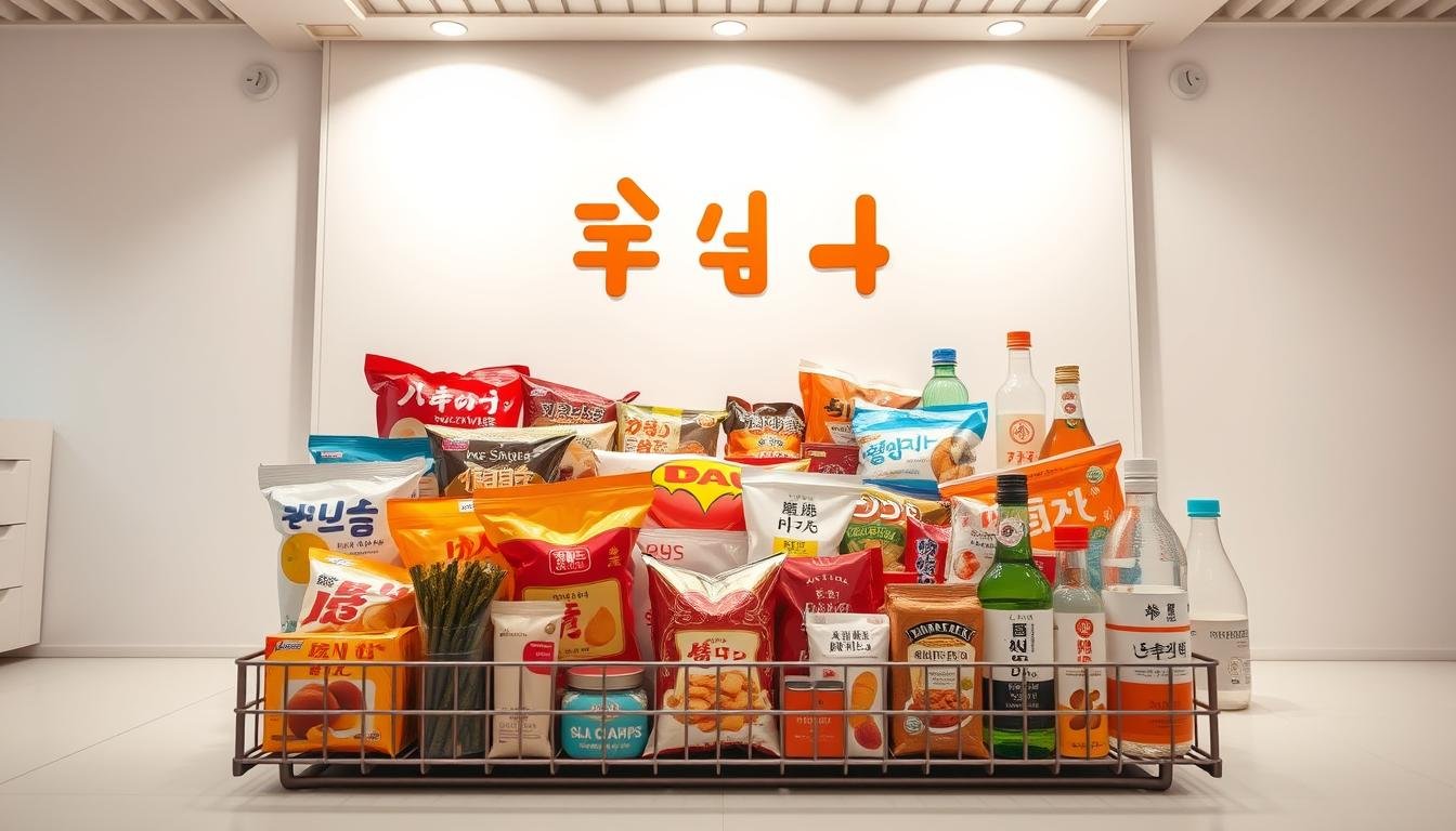 A high-resolution photograph of a stylized "零食伴手禮" shopping list, captured with a wide-angle lens in a bright, warm-toned lighting setup. The list is elegantly displayed on a clean, minimalist white background, with a soft focus on the foreground. The items are neatly arranged, showcasing a variety of popular Korean snacks, candies, and specialty foods, such as dried seaweed, honey butter chips, and soju bottles. The overall composition conveys a sense of curation and attention to detail, reflecting the high-quality shopping experience at the Lotte Mart in Seoul's Myeong-dong district.