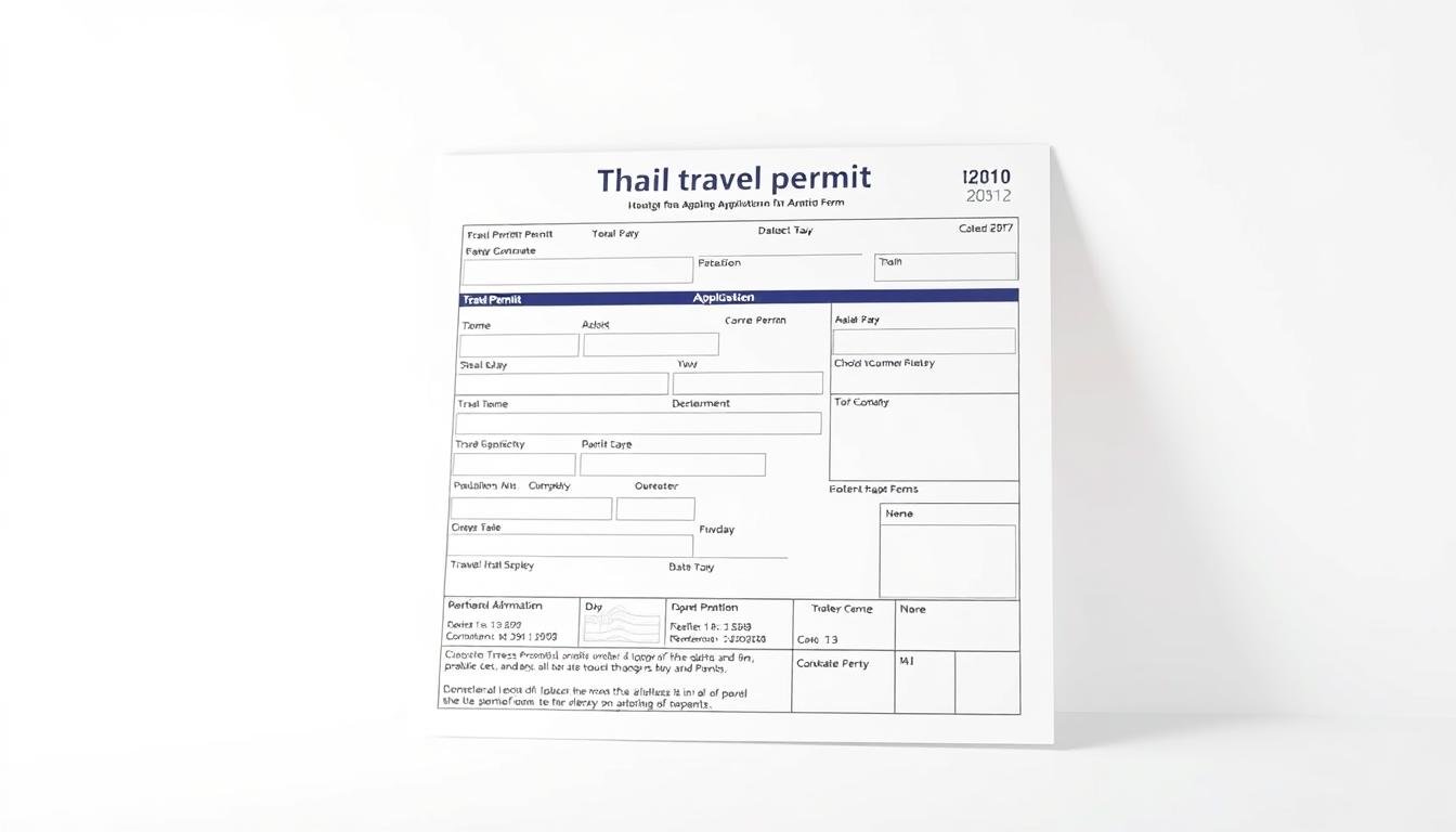 A high-resolution, photorealistic image of a Thai travel permit application form, presented against a clean white background. The form is displayed in a slightly angled, three-quarter view, allowing the viewer to clearly see the various fields and sections. The lighting is soft and diffused, creating a professional, authoritative atmosphere. The details on the form are meticulously rendered, with a focus on legibility and accuracy. The overall composition is balanced and draws the eye naturally to the key elements of the document.