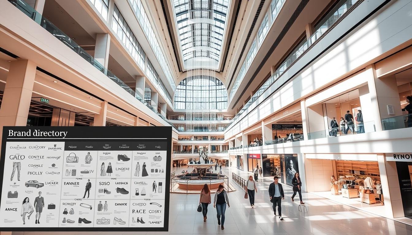 A large, modern shopping mall interior with a bright, airy atmosphere. Sleek, multi-level floors with a grand central atrium. High ceilings, natural light streaming in, and elegant decor. In the foreground, a detailed brand map showcases the store directory, highlighting various luxury fashion, cosmetics, and lifestyle brands across the different levels. The middle ground features people casually strolling, window shopping, and navigating the spacious corridors. A sense of upscale sophistication and tranquility pervades the scene, inviting the viewer to explore the diverse shopping experiences on offer.