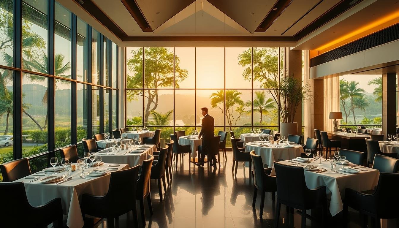 A lavish Michelin-starred dining experience set against the serene backdrop of Chiang Mai's lush tropical landscape. A team of expert chefs masterfully prepare exquisite local and international dishes, using the finest regional ingredients. Soft, warm lighting casts a cozy ambiance over the elegant dining room, with its high ceilings, expansive windows, and contemporary decor. Crisp white tablecloths and fine porcelain add an air of sophistication, while attentive servers gracefully move between tables, delivering each course with impeccable precision. The atmosphere is one of refined indulgence, where flavors, aromas, and visuals combine to create a truly memorable gastronomic journey.