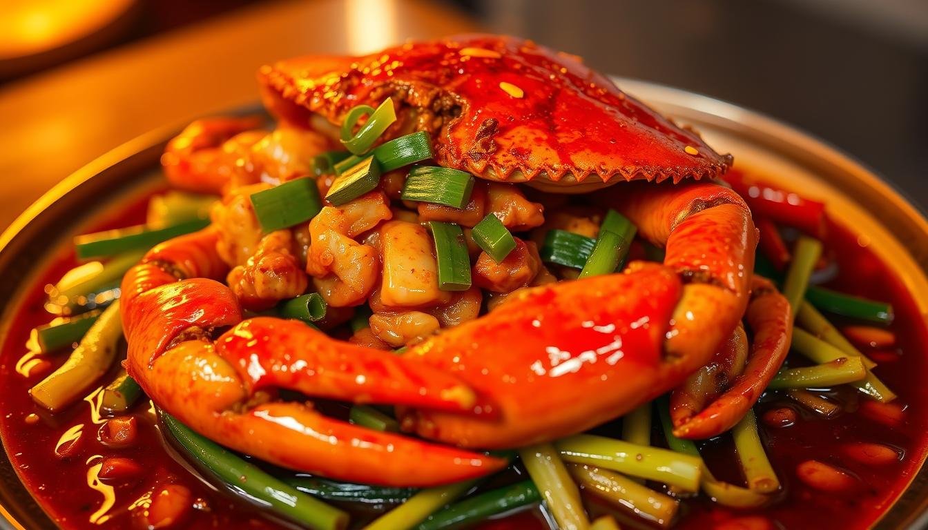 A lavish, mouth-watering dish of stir-fried Dungeness crab glistening in a rich, savory soy-based sauce. The crab's tender, succulent meat sits atop a bed of vibrant green scallions, creating a visually striking and appetizing composition. The warm, amber lighting casts a cozy, inviting glow, highlighting the dish's glossy, appetizing sheen. Hints of garlic, ginger, and aromatic spices waft through the air, beckoning the viewer to savor every bite. This signature specialty of the renowned Da Wa Fang restaurant is presented with elegant simplicity, allowing the high-quality ingredients to shine.