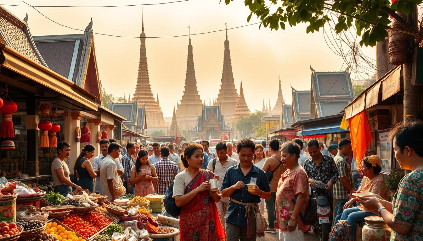 A lively Thai street market scene, bustling with vibrant colors and tantalizing aromas. In the foreground, vendors offer an array of exotic fruits, spices, and handcrafted textiles. The middle ground features a group of locals engaged in lively conversation, sipping fragrant tea and sampling delectable street food. In the background, intricate Buddhist temples and ornate palaces stand as a testament to Thailand's rich cultural heritage, illuminated by warm, golden sunlight filtering through the hazy atmosphere. The overall composition conveys a sense of immersion in the vibrant, welcoming spirit of Thai culture. A lively Thai street market scene, bustling with vibrant colors and tantalizing aromas. In the foreground, vendors offer an array of exotic fruits, spices, and handcrafted textiles. The middle ground features a group of locals engaged in lively conversation, sipping fragrant tea and sampling delectable street food. In the background, intricate Buddhist temples and ornate palaces stand as a testament to Thailand's rich cultural heritage, illuminated by warm, golden sunlight filtering through the hazy atmosphere. The overall composition conveys a sense of immersion in the vibrant, welcoming spirit of Thai culture.
