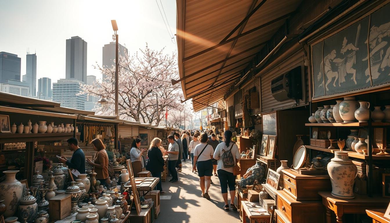 A lively Tokyo antique market scene, bustling with local vendors and shoppers. In the foreground, an array of vintage trinkets, ceramic vases, and retro furniture pieces are displayed on weathered wooden stalls. Warm afternoon sunlight filters through the overhead awnings, casting a golden glow on the vibrant scene. In the middle ground, groups of people meander through the market, immersed in lively conversations and haggling over antique treasures. The background reveals the iconic Tokyo cityscape, skyscrapers, and cherry blossom trees adding to the atmosphere of traditional Japanese culture blending with modern urban life. A lens flare effect subtly enhances the sense of energy and vitality within this bustling antique market setting.