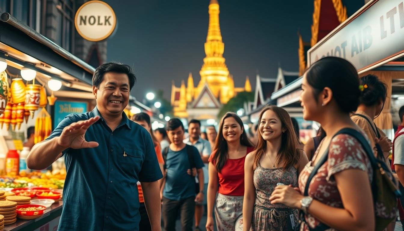 A lively group of tourists explores the vibrant streets of Bangkok, immersed in the bustling Thai culture. In the foreground, a local guide gestures animatedly, leading the enthralled travelers through a bustling night market. The middle ground showcases colorful stalls overflowing with fragrant street food and intricate handicrafts. In the background, the iconic spires of Wat Arun temple rise majestically, bathed in warm golden light. The scene captures the energy and excitement of a comprehensive Thai tour experience, inviting the viewer to imagine themselves as part of this immersive cultural journey.
