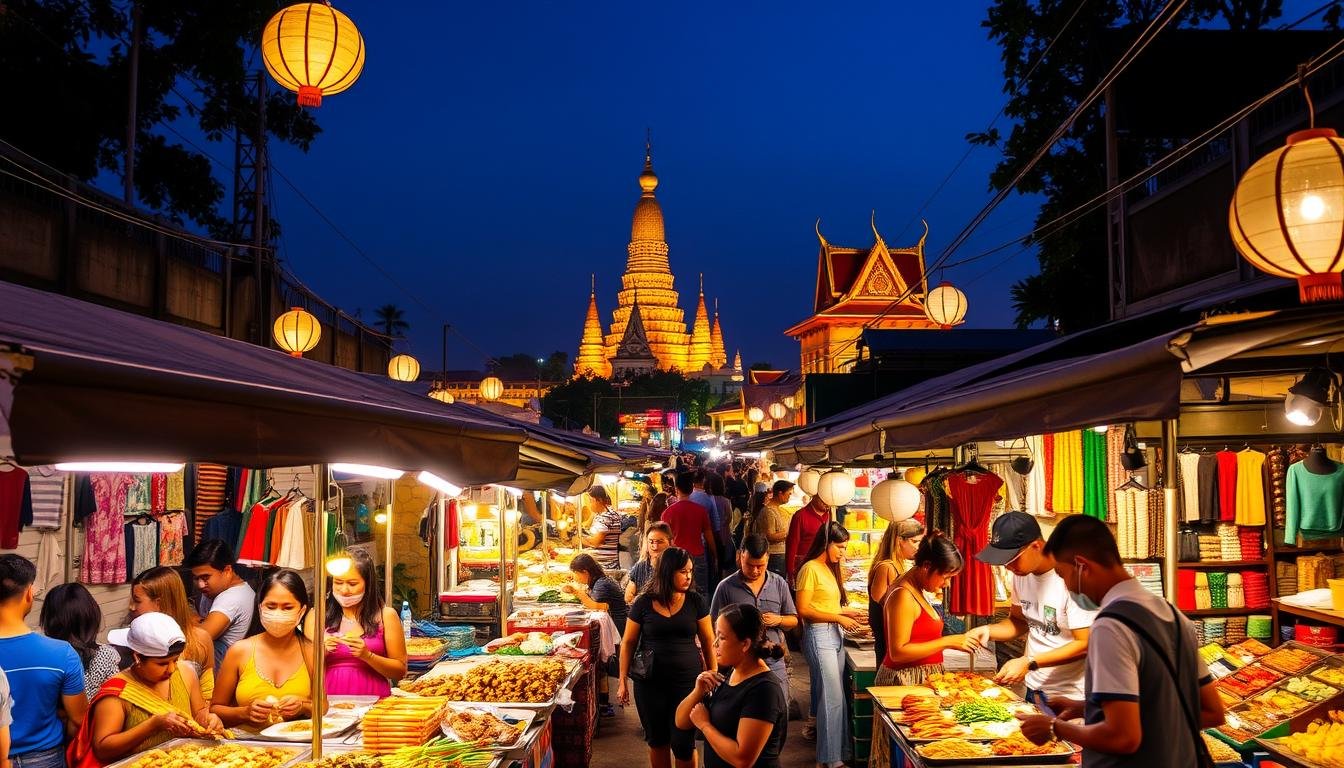 A lively night market in the vibrant city of Chiang Mai, Thailand. In the foreground, colorful stalls display an array of local street food delicacies, from sizzling skewers to fragrant noodle dishes. The middle ground bustles with eager shoppers browsing handcrafted souvenirs, textiles, and trinkets. In the background, the ancient temples and structures of the Old City stand as a serene backdrop, illuminated by the warm glow of lanterns and string lights. The scene is alive with the sounds of sizzling woks, lively chatter, and traditional music, creating an immersive atmosphere of Chiang Mai's vibrant night market culture. Captured with a wide-angle lens, the image conveys the energy and allure of this must-visit destination for food and shopping enthusiasts. A lively night market in the vibrant city of Chiang Mai, Thailand. In the foreground, colorful stalls display an array of local street food delicacies, from sizzling skewers to fragrant noodle dishes. The middle ground bustles with eager shoppers browsing handcrafted souvenirs, textiles, and trinkets. In the background, the ancient temples and structures of the Old City stand as a serene backdrop, illuminated by the warm glow of lanterns and string lights. The scene is alive with the sounds of sizzling woks, lively chatter, and traditional music, creating an immersive atmosphere of Chiang Mai's vibrant night market culture. Captured with a wide-angle lens, the image conveys the energy and allure of this must-visit destination for food and shopping enthusiasts.