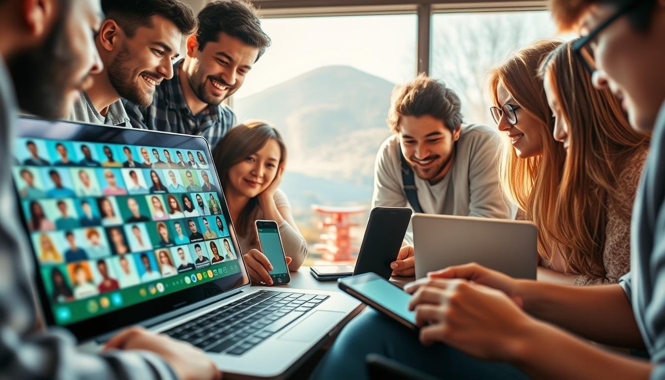 A lively online community gathered around a laptop, sharing their candid travel experiences. In the foreground, avatars and profile photos spill across the screen, reflecting the diverse voices and perspectives of fellow travelers. The middle ground features an array of digital devices - phones, tablets, and laptops - capturing the authentic, unfiltered nature of the reviews. The background showcases a serene Japanese landscape, hinting at the destinations being discussed. The scene is bathed in warm, natural lighting, conveying a sense of welcoming and approachability. The overall mood is one of genuine connection, as the online community comes together to offer invaluable insights for fellow adventurers. A lively online community gathered around a laptop, sharing their candid travel experiences. In the foreground, avatars and profile photos spill across the screen, reflecting the diverse voices and perspectives of fellow travelers. The middle ground features an array of digital devices - phones, tablets, and laptops - capturing the authentic, unfiltered nature of the reviews. The background showcases a serene Japanese landscape, hinting at the destinations being discussed. The scene is bathed in warm, natural lighting, conveying a sense of welcoming and approachability. The overall mood is one of genuine connection, as the online community comes together to offer invaluable insights for fellow adventurers.