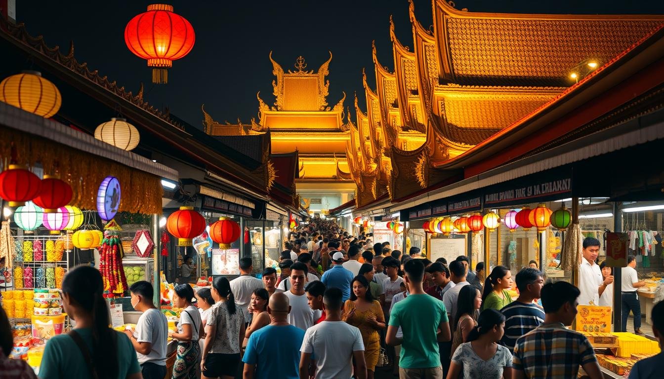 A lively scene at the Nakhon Si Thammarat Night Market in Southern Thailand. In the vibrant foreground, colorful lanterns and decorations adorn the bustling stalls, where local vendors offer an array of traditional Thai foods, handicrafts, and souvenirs. In the middle ground, a diverse crowd of locals and tourists mingle, immersed in the festive atmosphere. The background is filled with the iconic architecture of the market, its intricate roofs and facades illuminated by warm, golden lighting that casts a cozy glow over the entire scene. The overall mood is one of cultural celebration, with a palpable sense of community and shared experience.