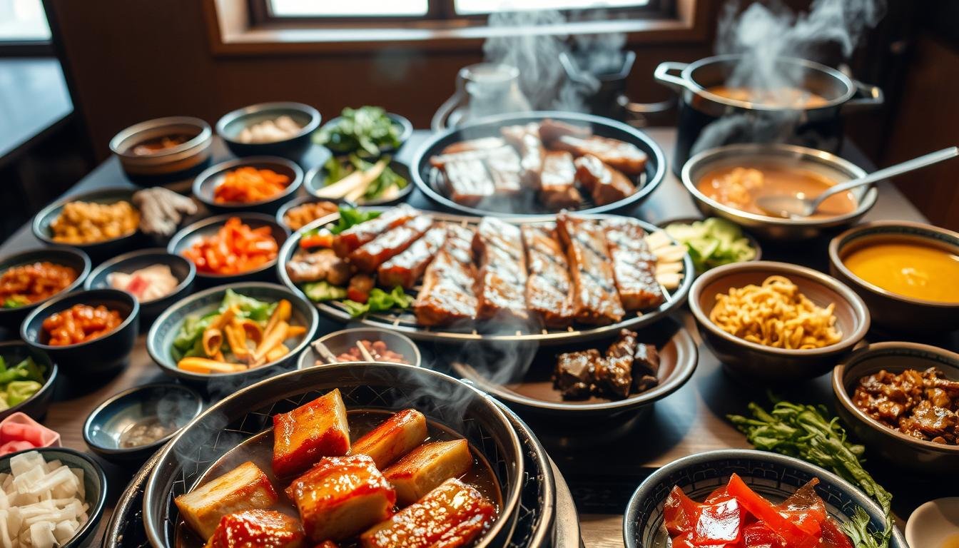 A lush, beautifully presented spread of popular Korean dishes, captured in a warm, inviting photograph. In the foreground, a steaming bowl of savory samgyeopsal (pork belly) sizzles on a tabletop grill, surrounded by an array of vibrant side dishes like kimchi, pickled radish, and sautéed greens. In the middle ground, a platter of juicy, marinated galbi (short ribs) takes center stage, while in the background, a hearty stew of nurungji (scorched rice) and ginseng chicken soup simmers, their aromatic steam adding to the enticing atmosphere. The lighting is soft and natural, casting a warm glow over the meticulously prepared feast, inviting the viewer to savor the flavors of this quintessential Korean culinary experience.