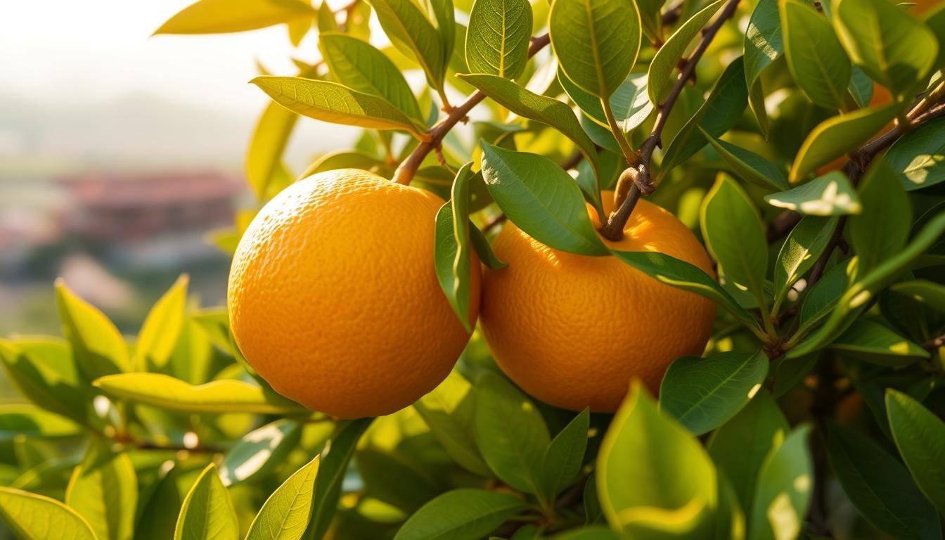 A lush, golden-hued citrus fruit, the Huangyan Honey Mandarin, rests delicately amidst its vibrant green foliage. The sun's warm rays cast a soft, diffused glow, highlighting the fruit's smooth, glossy skin and subtle hues of amber and honey. In the background, a serene landscape unfolds, hinting at the rich history and cultural significance of this celebrated Jiangnan specialty. The scene evokes a sense of tranquility and timeless elegance, inviting the viewer to explore the captivating world of this revered Chinese citrus varietal.