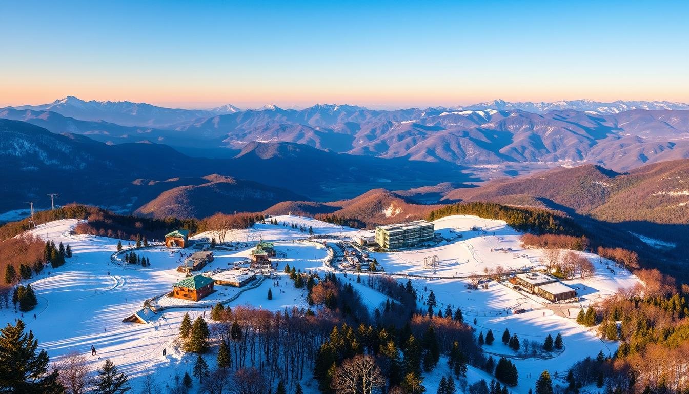 A lush mountainous landscape in Gangwon-do, South Korea, featuring a sprawling ski resort nestled amidst snow-capped peaks. In the foreground, groomed ski slopes wind down the hillsides, dotted with skiers and snowboarders carving graceful turns. The middle ground showcases modern ski lodges, chairlifts, and other resort amenities bathed in a warm, golden light. In the background, a panoramic vista of the rugged Taebaek Mountain Range stretches out, its jagged ridges silhouetted against a clear, azure sky. The scene conveys a sense of tranquility, adventure, and the perfect balance of nature and modern convenience for an idyllic winter getaway.